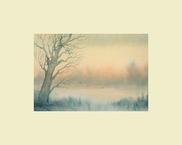 Watercolour painting of Morning mist in winter snow